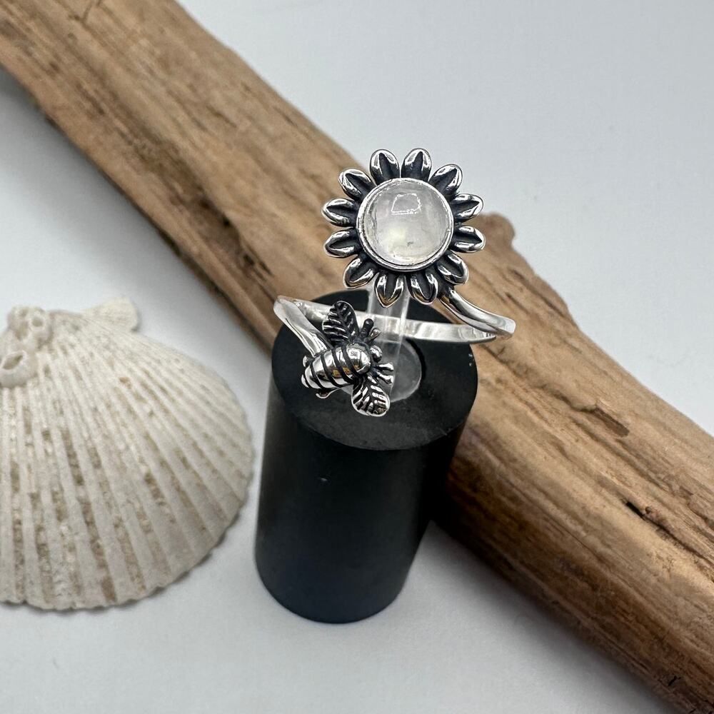 Moonstone Sterling Silver Bee & Sunflower Ring